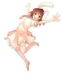 Rule 34 | 1girl, :d, animal ears, arms up, blush, brown hair, carrot, carrot necklace, commentary request, dress, highres, inaba tewi, jewelry, jumping, leg up, looking at viewer, necklace, o/, open mouth, outstretched arms, outstretched hand, pink dress, pink thighhighs, rabbit ears, rabbit girl, rabbit tail, red eyes, shiroino (shirayuki mutsuki), short hair, short sleeves, simple background, smile, solo, tail, thighhighs, touhou, white background