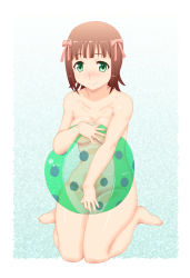 Rule 34 | 1girl, amami haruka, barefoot, blush, breasts, brown hair, covering privates, feet, green eyes, idolmaster, idolmaster (classic), kesuida, nude, nude cover, smile, solo, toes