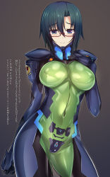 Rule 34 | 1girl, blue eyes, blue hair, breasts, copyright name, covered erect nipples, covered navel, fortified suit, glasses, highres, komaki sayoko, looking at viewer, medium breasts, muv-luv, muv-luv alternative, muv-luv alternative strike frontier, official art, parted bangs, pilot suit, short hair, silly (marinkomoe), skin tight, solo