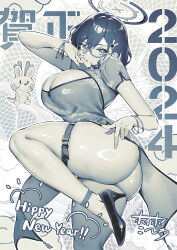 Rule 34 | 1girl, 2024, alternate costume, aqua-framed eyewear, ass, black hair, blue archive, breasts, chihiro (blue archive), china dress, chinese clothes, cleavage, cleavage cutout, clothing cutout, dress, english text, glasses, hair ornament, halo, hand up, high heels, highres, hoyhoy colo, large breasts, looking at viewer, monochrome, new year, pelvic curtain, rabbit hair ornament, semi-rimless eyewear, short hair, standing, standing on one leg, stuffed toy, thigh strap