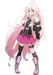Rule 34 | 1girl, absurdres, ahoge, asymmetrical legwear, black shirt, black socks, blue eyes, boots, braid, cevio, commentary, contrapposto, full body, hair between eyes, hair tie, highres, ia (vocaloid), kashisuover, knee boots, kneehighs, long hair, looking at viewer, miniskirt, off-shoulder shirt, off shoulder, pigeon-toed, pink hair, pink skirt, pleated skirt, shirt, simple background, single thighhigh, skirt, smile, socks, solo, thigh strap, thighhighs, twin braids, uneven legwear, very long hair, vocaloid, vocaloid boxart pose, white background, white footwear