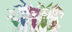 Rule 34 | 5girls, absurdres, animal ears, asymmetrical wings, back, bad id, bad pixiv id, blue background, bow, bowtie, cat ears, cat tail, chen, crystal, fake animal ears, female focus, fishnet pantyhose, fishnets, flandre scarlet, flat chest, green background, hair ornament, heart, heart-shaped pupils, highres, houjuu nue, jewelry, komeiji koishi, leotard, long hair, looking back, moriya&#039;s iron rings, moriya suwako, multiple girls, multiple monochrome, odd one out, ogihara mach, open mouth, pantyhose, playboy bunny, rabbit ears, rabbit tail, ribbon, ring, short hair, showgirl skirt, simple background, smile, snake, spot color, standing, symbol-shaped pupils, tail, third eye, touhou, wings, wrist cuffs