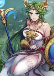 Rule 34 | 1girl, ancient greek clothes, aqua eyes, bare shoulders, belt, belt buckle, bracelet, bracer, breasts, brown belt, buckle, chiton, cleavage, closed mouth, collarbone, dress, gem, gold, grass, green hair, jewelry, kid icarus, large breasts, long hair, narumiko busa, neck ring, nintendo, palutena, parted bangs, shield, side slit, single thighhigh, sitting, smile, solo, staff, straight hair, strapless, strapless dress, thighhighs, thighs, tiara, very long hair, white dress, white thighhighs