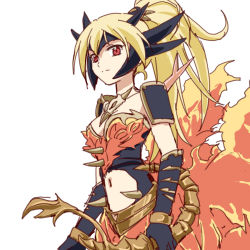 Rule 34 | 1girl, armlet, black gloves, blonde hair, bracelet, breasts, centauroid, closed mouth, clothing cutout, commentary request, dragon girl, dragon horns, dragon wings, duel monster, elbow gloves, gauntlets, gloves, harp, headgear, high ponytail, holding, holding instrument, horns, instrument, jewelry, long hair, looking at viewer, medium breasts, navel, navel cutout, queen dragun djinn, red eyes, shoulder pads, shuuho (journey), sidelocks, simple background, solo, taur, upper body, white background, wings, yu-gi-oh!