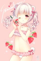 Rule 34 | 1girl, ;q, animal ears, bear ears, bear tail, bikini, bow, breasts, cleavage, collarbone, cowboy shot, food, frilled bikini, frills, fruit, hair ribbon, holding, jewelry, long hair, navel, necklace, one eye closed, original, pink bow, red eyes, red ribbon, ribbon, silver hair, simple background, small breasts, solo, standing, strawberry, swimsuit, tail, tongue, tongue out, twintails, wasabi (sekai)