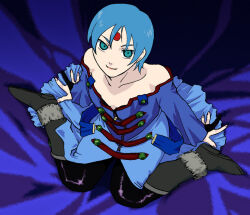 Rule 34 | 1girl, aqua hair, bare shoulders, blue hair, boots, bridal gauntlets, brown footwear, facial mark, forehead mark, green eyes, knee boots, pantyhose, ryss, short hair, sitting, solo, strapless, wariza, zoids, zoids chaotic century