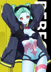 Rule 34 | 1girl, absurdres, arms behind head, bad id, bad pixiv id, black panties, breasts, character name, closed mouth, colored sclera, cyberpunk (series), cyberpunk edgerunners, green hair, headgear, highres, jacket, keiryuu seo, long hair, looking at viewer, open clothes, open jacket, panties, rebecca (cyberpunk), red sclera, small breasts, smile, solo, underwear