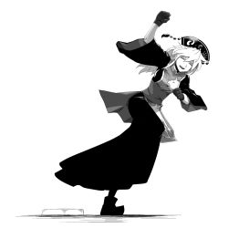 Rule 34 | 1girl, baseball base, black dress, black headwear, breasts, clenched hands, commentary, dress, closed eyes, gloves, greyscale, hand up, highres, junko (touhou), kikoka (mizuumi), long hair, monochrome, open mouth, raised fist, running, simple background, solo, tabard, tassel, touhou, white background