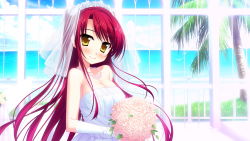 Rule 34 | 1girl, blush, breasts, brown eyes, cleavage, dress, elbow gloves, flower, game cg, gloves, highres, jewelry, long hair, luce yami asutarite, magical marriage lunatics!!, necklace, red hair, solo, wedding dress, yamakaze ran