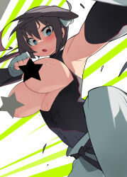 1girl absurdres armpits black_hair black_shirt blue_eyes blush breastless_clothes breasts censored clenched_hand commentary english_commentary fingerless_gloves floating_hair gloves hair_between_eyes highres kometsubu large_breasts looking_at_viewer original pants shirt shirt_tucked_in solo star_censor sweat twintails white_gloves white_pants