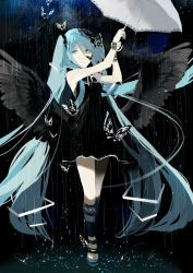 Rule 34 | 1girl, absurdres, bad id, bad pixiv id, bare shoulders, barefoot sandals (jewelry), black dress, black wings, blue eyes, blue hair, blue nails, bug, butterfly, dress, floating hair, full body, glycan, hair between eyes, hair ornament, hatsune miku, highres, insect, long hair, low wings, matching hair/eyes, nail polish, no socks, pale skin, rain, ribbon, sandals, sleeveless, sleeveless dress, smile, solo, twintails, umbrella, very long hair, vocaloid, water, white ribbon, white umbrella, wings