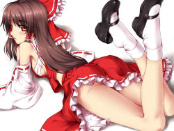 Rule 34 | 1girl, ass, bare shoulders, blush, bow, breasts, brown hair, detached sleeves, feet, female focus, hair bow, hair tubes, hakurei reimu, long hair, looking back, lying, mary janes, nonbei, on stomach, parted lips, red eyes, sarashi, shoe dangle, shoes, sideboob, socks, solo, touhou, white socks