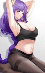 Rule 34 | 1girl, armpits, arms behind head, arms up, bare arms, bare shoulders, black choker, black panties, braid, breasts, bright pupils, brown pantyhose, choker, cleavage, crop top, genshin impact, hair ornament, highres, large breasts, long hair, looking at viewer, midriff, mole, mole under eye, navel, nevin (flyskying), no shoes, panties, panties under pantyhose, pantyhose, parted lips, purple eyes, purple hair, raiden shogun, single braid, sitting, sleeveless, solo, sports bra, stomach, sweat, thighband pantyhose, underwear, very long hair