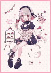 Rule 34 | 1girl, absurdres, apron, black dress, black footwear, black headdress, black ribbon, blush, boots, border, cake, candy, chest harness, chocolate, clothing cutout, colored inner hair, cup, dotted background, dress, fishnet socks, fishnets, food, fork, full body, gloves, grey hair, happy valentine, harness, heart, heart cutout, heart in eye, highres, holding, holding candy, holding food, karunabaru, leg ribbon, maid headdress, makaino ririmu, makaino ririmu (5th costume), multicolored hair, nijisanji, open mouth, pastry, pink border, pink hair, platform boots, platform footwear, pointy ears, puffy short sleeves, puffy sleeves, red eyes, red wings, ribbon, short hair, short sleeves, smile, socks, solo, streaked hair, stuffed animal, stuffed rabbit, stuffed toy, symbol in eye, teacup, teapot, thigh strap, two-tone background, two-tone hair, virtual youtuber, white apron, white gloves, wings
