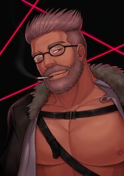 Rule 34 | 1boy, absurdres, beard, belt, black-framed eyewear, black background, brown coat, brown hair, cigarette, coat, facial hair, fate/grand order, fate (series), fur trim, glasses, grey eyes, highres, looking at viewer, male focus, mikicat, mouth hold, muscular, nipples, smoking, solo, standing, upper body, william tell (fate)