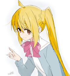 Rule 34 | 1girl, ahoge, blonde hair, bocchi the rock, bocchi the rock!, bow, bowtie, cardigan, closed mouth, commentary request, core (mayomayo), from side, grey cardigan, head tilt, highres, ijichi nijika, looking at viewer, loose bowtie, loose neck ribbon, neck ribbon, ok sign, parted bangs, pleated shirt, ponytail, red bow, red bowtie, red eyes, red ribbon, ribbon, sailor collar, school uniform, serafuku, shirt, side ponytail, sidelocks, simple background, smile, solo, white background, white shirt