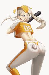 1girl alternate_costume ass ass_focus baseball baseball_bat baseball_cap baseball_uniform blonde_hair blue_eyes blush breasts creamkb deep_skin from_behind goddess_of_victory:_nikke half_updo hat large_breasts long_hair looking_back looking_down official_alternate_costume open_mouth pants ponytail shirt sideboob solo sportswear tears tove_(baseball_fan)_(nikke) tove_(nikke)