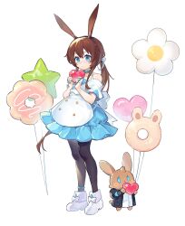 Rule 34 | 1girl, absurdres, amiya (arknights), animal ear fluff, animal ears, apron, arknights, balloon, bare shoulders, black jacket, black pantyhose, blue dress, blue eyes, brown hair, collarbone, commentary request, dress, full body, hair between eyes, heart, heart balloon, highres, holding, jacket, jewelry, long hair, low ponytail, niko (nikooo2016), open clothes, open jacket, pantyhose, ponytail, rabbit ears, ring, shirt, shoes, simple background, solo, standing, star balloon, stuffed animal, stuffed rabbit, stuffed toy, very long hair, white apron, white background, white footwear, white shirt