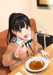 Rule 34 | 1girl, absurdres, black hair, black ribbon, blush, briefcase, brown dress, brown eyes, collared dress, commentary request, curry, curry rice, dress, eating, food, highres, holding, holding spoon, indoors, key (kagibangou), long hair, long sleeves, looking at viewer, neck ribbon, open mouth, original, ponytail, ribbon, rice, sitting, solo, spoon, teeth, upper body