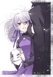Rule 34 | 00s, 1boy, 1girl, :o, coat, darker than black, dress, head out of frame, hei (darker than black), height difference, holding, long hair, long sleeves, mask, parted lips, purple dress, red eyes, silver hair, simple background, solo focus, upper body, white background, yin (darker than black)