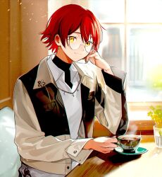 Rule 34 | 1boy, collared shirt, cup, earrings, glasses, hair between eyes, hanasaki miyabi, highres, holostars, jewelry, light particles, looking at viewer, male focus, momose (oqo), necklace, red hair, round eyewear, saucer, shirt, short hair, sitting, smile, solo, steam, table, teacup, upper body, window, wooden table, yellow eyes