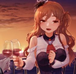 Rule 34 | 1girl, alcohol, bare shoulders, braid, breasts, brown eyes, brown hair, cloud, corset, cup, detached sleeves, drinking glass, gloves, hat, holding, kantai collection, large breasts, long hair, long sleeves, mini hat, one side up, open mouth, outdoors, red neckwear, side braid, sky, solo focus, sunset, wavy hair, white gloves, wine, wine glass, yoshino ns, zara (kancolle)