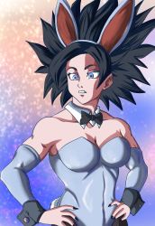 Rule 34 | 1girl, absurdres, black hair, blue eyes, bow, bowtie, breasts, caulifla, cleavage, decial10, detached sleeves, dragon ball, dragon ball super, grey leotard, hands on own hips, highres, leotard, nail polish, pantyhose, playboy bunny, rabbit ears, rabbit tail, strapless, strapless leotard