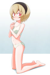 Rule 34 | 1girl, blonde hair, blush, bra, closed mouth, collarbone, embarrassed, groin, hair ornament, hairband, highres, jashin-chan dropkick, kneeling, looking at viewer, looking to the side, multicolored eyes, navel, panties, pekora (jashin-chan dropkick), sat-c, short hair, simple background, solo, underwear, underwear only, wavy mouth, white bra, white panties