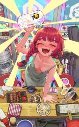 Rule 34 | 1girl, absurdres, alcohol, arm up, bar stool, bare arms, bare shoulders, barefoot, beer crate, beer glass, beer keg, black nails, blunt bangs, blush, bocchi the rock!, bottle, braid, braided ponytail, breasts, chopsticks, cleavage, closed eyes, commentary request, crate, cup, day, door, dress, drinking straw, drooling, drunk, earpiece, earrings, food, full body, geta, glass, glass door, green dress, guitar case, hair over shoulder, hand on table, hand up, happy, head tilt, highres, hiroi kikuri, holding, holding cup, indoors, instrument case, jacket, jewelry, kebab, keg (container), leaning, leaning forward, leaning on table, leg up, letterman jacket, long dress, looking at viewer, meat, mouth drool, nail polish, napkin, open mouth, osakechan0, plate, poster (object), red hair, saliva, sapporo beer, sharp teeth, sidelocks, single braid, sleeveless, sleeveless dress, small breasts, soda bottle, solo, sprayer, standing, standing on one leg, stool, table, teeth, window, yakitori
