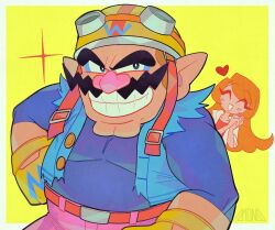 Rule 34 | 1boy, 1girl, blue shirt, clenched teeth, facial hair, gloves, goggles, goggles on head, heart, helmet, highres, long hair, looking at viewer, m516, mona (warioware), muscular, mustache, nintendo, orange hair, pants, pink pants, pointy ears, shirt, simple background, teeth, wario, warioware, yellow background, yellow gloves