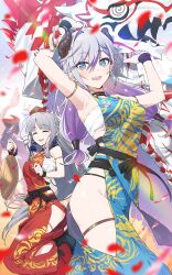 2girls :d ahoge armpits arms_up atelier_(series) atelier_judie atelier_resleriana bare_shoulders blue_dress blue_eyes blurry blurry_foreground breasts broken_horn closed_eyes dragon dress falling_petals grey_hair hair_between_eyes hat highres horns judith_volltone large_breasts long_hair looking_at_viewer low-tied_long_hair medium_breasts multicolored_hair multiple_girls new_year non-web_source official_alternate_costume official_art open_mouth parted_bangs petals purple_hair red_dress sarashi smile standing two-tone_hair valeria_(atelier) very_long_hair