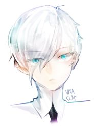 Rule 34 | androgynous, antarcticite, artist name, blue eyes, dong hyun lee, eyes visible through hair, gender request, hair over one eye, highres, houseki no kuni, looking at viewer, necktie, portrait, short hair, signature, solo, vivaclap, white background, white hair