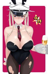 Rule 34 | 1girl, absurdres, alcohol, animal ears, beer, between breasts, black leotard, black pantyhose, blonde hair, border, breasts, cleavage, cowboy shot, cup, detached collar, drinking glass, fake animal ears, graf zeppelin (kancolle), grey eyes, hair between eyes, hat, highres, jacket, kantai collection, large breasts, leotard, maruyaa (malya1006), neckerchief, pantyhose, peaked cap, playboy bunny, rabbit ears, red background, sidelocks, solo, strapless, strapless leotard, torn clothes, tray, twintails, two-tone background, white border, white hat, wine glass, wrist cuffs