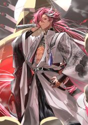 Rule 34 | 1boy, black hair, cowboy shot, dragon print, earrings, eyebrow cut, fate/grand order, fate (series), grey hakama, hair over one eye, hakama, highres, holding, holding weapon, instrument, instrument on back, jacket, japanese clothes, jewelry, katana, long hair, long sleeves, looking at viewer, low ponytail, male focus, miroku (butuzo33), multicolored hair, nagatekkou, o-ring, pectoral cleavage, pectorals, red eyes, red hair, shamisen, smile, solo, streaked hair, sword, takasugi shinsaku (fate), toned, toned male, underpec, weapon, white hair, white jacket