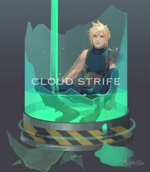 Rule 34 | 1boy, armor, belt, blonde hair, blue eyes, blue pants, blue sweater, broken glass, brown belt, brown footwear, brown gloves, character name, cloud strife, commentary, final fantasy, final fantasy vii, full body, glass, gloves, gradient background, grey background, highres, light particles, liquid, male focus, multiple belts, pants, parted lips, ribbed sweater, shillo, short hair, shoulder armor, single bare shoulder, sitting, sleeveless, sleeveless turtleneck, solo, spiked hair, stasis tank, suspenders, sweater, tube, turtleneck, turtleneck sweater, vat