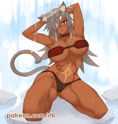 Rule 34 | 1girl, abs, animal ear fluff, animal ears, armpits, arms behind head, breasts, choker, commentary, dark-skinned female, dark skin, english commentary, eyepatch, ghislaine dedoldia, kneeling, large breasts, looking at viewer, muscular, muscular female, mushoku tensei, navel, one eye covered, patreon username, red choker, red eyes, rtil, scar, solo, tail, tail ornament, tail ring, thighs, water, waterfall, wet