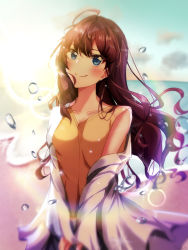 Rule 34 | 1girl, ahoge, bad id, bad pixiv id, blue eyes, blue sky, blush, brown hair, cloud, coat, collarbone, commentary request, head tilt, highres, ichinose shiki, idolmaster, idolmaster cinderella girls, lens flare, long hair, looking at viewer, ocean, open clothes, open coat, outdoors, shirt, sky, sleeveless, sleeveless shirt, smile, solo, water drop, white coat, y (louder32), yellow shirt