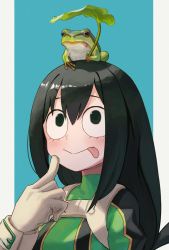 Rule 34 | 1girl, :&gt;, animal, animal on head, asui tsuyu, blush, bodysuit, boku no hero academia, breasts, closed mouth, commentary request, eyelashes, frog, gloves, green bodysuit, hair between eyes, hand up, highres, leaf, long hair, looking up, on head, smile, sooon, tongue, tongue out, upper body