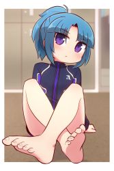Rule 34 | 1girl, :&lt;, alice gear aegis, bare legs, barefoot, black jacket, blue hair, blurry, blurry background, blush, closed mouth, crossed legs, depth of field, feet, full body, high ponytail, highres, jacket, legs, long sleeves, naga u, parted bangs, ponytail, purple eyes, shadow, short hair, sitting, sleeves past wrists, soles, solo, takanashi rei, toes, white background