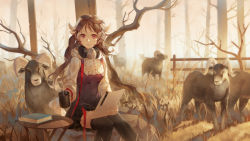 Rule 34 | 1girl, animal ears, arknights, bare tree, black dress, black thighhighs, book, brown hair, closed mouth, commentary request, cup, curled horns, day, dress, eyjafjalla (arknights), feet out of frame, fence, highres, holding, holding cup, hood, hood down, horns, ji dao ji, long hair, long sleeves, looking at viewer, mask, mask around neck, mug, outdoors, puffy long sleeves, puffy sleeves, red eyes, respirator, sheep, sheep ears, sheep horns, sitting, smile, solo, table, thighhighs, tree, very long hair