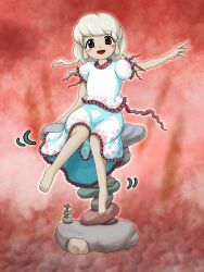 Rule 34 | 1girl, balancing, barefoot, blonde hair, blush stickers, commentary request, ebisu eika, frilled shirt, frilled skirt, frills, hand up, highres, long hair, looking at viewer, open mouth, outstretched arm, parasite oyatsu, puffy short sleeves, puffy sleeves, red background, red eyes, rock, rock balancing, shirt, short sleeves, sitting, sitting on rock, skirt, smile, solo, touhou, white shirt, white skirt, zun (style)