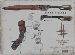 Rule 34 | alchemy stars, barcode, blueprint (medium), commentary request, concept art, english text, highres, korean commentary, mechanical arms, no humans, official art, revy (alchemy stars), signature, single mechanical arm, sword, weapon, whitebear