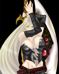 Rule 34 | 1girl, belt, blonde hair, blue eyes, breasts, capcom, cleavage, detached sleeves, devil may cry (series), covered erect nipples, female focus, large breasts, long hair, maniera, solo, sword, trish (devil may cry), weapon
