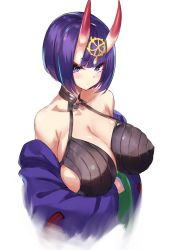 Rule 34 | 1girl, alternate breast size, bare shoulders, blush, bob cut, breasts, cleavage, closed mouth, collarbone, eyeliner, eyeshadow, fate/grand order, fate (series), horns, japanese clothes, kimono, large breasts, looking at viewer, makeup, oni, purple eyes, purple hair, purple kimono, short hair, shuten douji (fate), simple background, skin-covered horns, skindentation, solo, spider apple, upper body, white background
