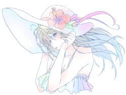 Rule 34 | 1girl, bare shoulders, blonde hair, blue eyes, blush, dress, flower, gradient hair, hand on headwear, hat, hibiscus, holding, holding clothes, holding hat, kink (tortoiseshell), long hair, multicolored hair, original, pink hair, ribbon, simple background, solo, sun hat, sundress, upper body, wind