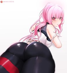 Rule 34 | 1girl, absurdres, ass, bare shoulders, blush, bodysuit, breasts, from behind, from below, highres, hololive, hololive english, huge ass, long hair, looking at viewer, lying, medium breasts, mori calliope, o22no, on stomach, pink eyes, pink hair, ponytail, shiny clothes, shiny skin, sideboob, solo, thick thighs, thighs, virtual youtuber