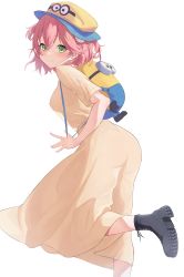 Rule 34 | 1girl, absurdres, alternate costume, ass, backpack, bag, black footwear, blush, boots, cat hair ornament, character backpack, character hat, closed mouth, despicable me, dress, from behind, from side, hair ornament, hairclip, highres, hololive, long dress, looking at viewer, looking back, minion, pink hair, ritsu (ritu 2416), running, sakura miko, short hair, simple background, smile, solo, virtual youtuber, yellow dress, yellow headwear