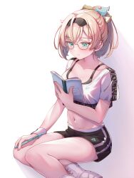 Rule 34 | 1girl, absurdres, aqua eyes, black hairband, black shorts, black sports bra, blonde hair, blush, book, breasts, cleavage, closed mouth, collarbone, commentary request, crop top, cropped shirt, cross-laced footwear, glasses, gym shorts, hair ornament, hairband, highres, holding, holding book, hololive, hololive dance practice uniform, kazama iroha, leaf hair ornament, looking at object, medium breasts, midriff, navel, official alternate costume, ponytail, rectangular eyewear, shirt, short sleeves, shorts, sitting, solo, sports bra, thighs, tmo-cat, virtual youtuber, white footwear, white shirt, white wristband, yellow-framed eyewear, yokozuwari