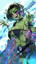 Rule 34 | 1girl, abs, absurdres, belt collar, bikini, bikini top only, black bikini, black nails, black shorts, bracelet, breasts, claw pose, cleavage, collar, colored skin, commentary, english commentary, fangs, fingernails, green hair, green skin, highres, jewelry, king meg art, large breasts, navel, original, purple eyes, short hair, short shorts, shorts, skull belt, skull on head, solo, spiked bracelet, spikes, stitched arm, stitched face, stitches, swimsuit, teeth, thick eyebrows, tongue, tongue out, underboob, wardrobe error, zombie