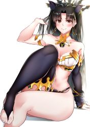 Rule 34 | 1girl, armlet, asymmetrical legwear, asymmetrical sleeves, bare shoulders, bikini, black bikini, black bow, black hair, blush, bow, breasts, bridal gauntlets, cleavage, closed mouth, collarbone, detached collar, detached sleeves, earrings, fate/grand order, fate (series), gold trim, hair bow, hand up, highres, hoop earrings, ishtar (fate), jewelry, knee up, len (hand linke), long hair, looking at viewer, medium breasts, mismatched bikini, navel, neck ring, parted bangs, red eyes, simple background, single detached sleeve, single thighhigh, sitting, smile, solo, swimsuit, thighhighs, thighlet, tiara, two side up, uneven legwear, uneven sleeves, white background, white bikini